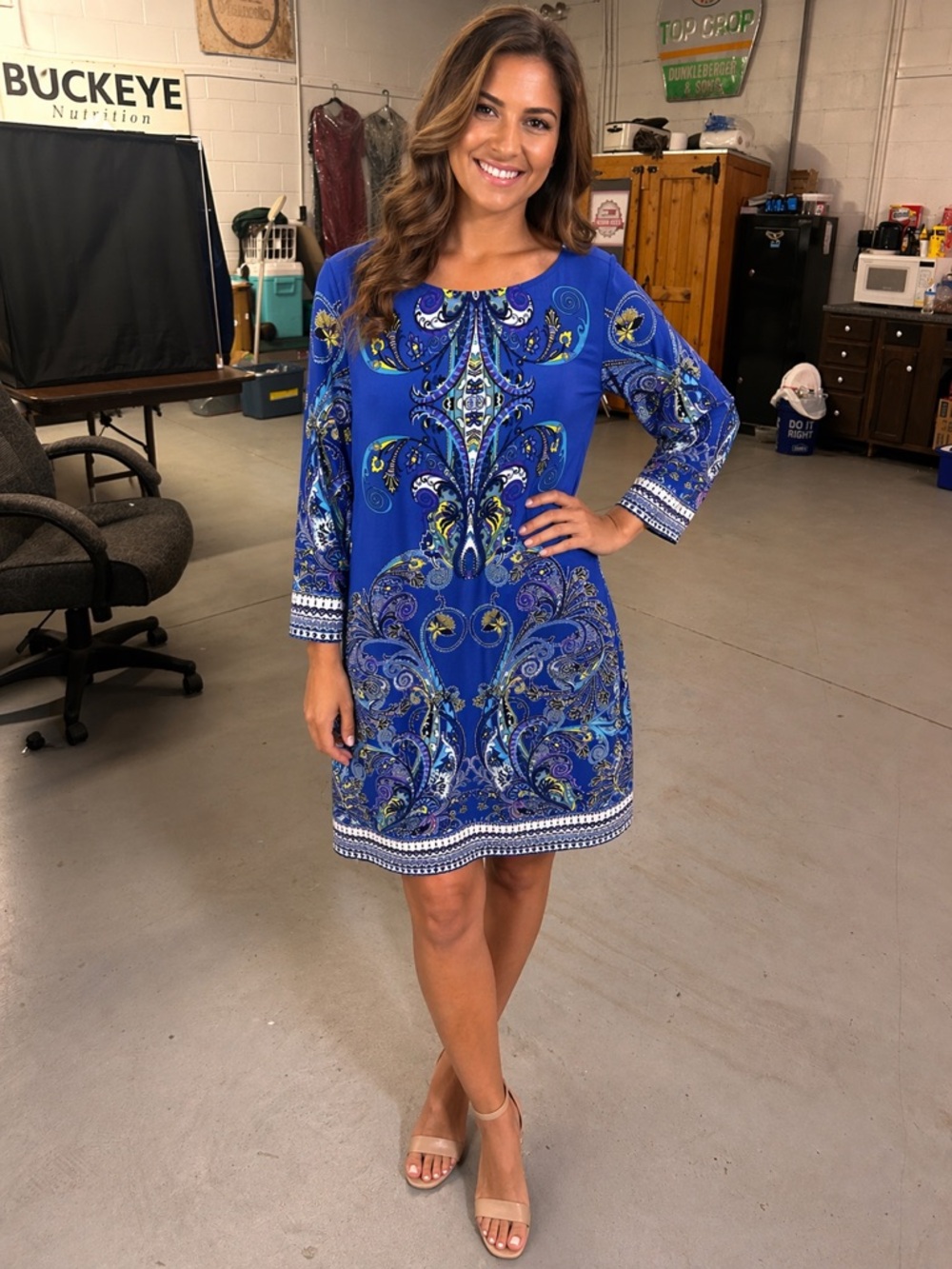 Tiana B. Royal Blue Paisley Print Long Sleeve Shift Dress